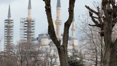Static telephoto shot of the Blue Mosque architecture, domes and minarets Stock Footage 340155133