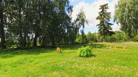 Static time lapse person sit on red lawn mower and cut grass on backyard in L Stockbeeldmateriaal 156377999