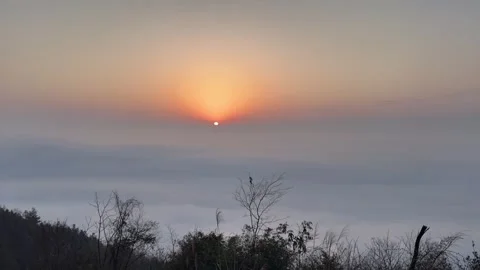 Static Time-lapse of Sunrise Over a Vast Sea of Clouds with Tree Silhouettes Stock Footage 329342003