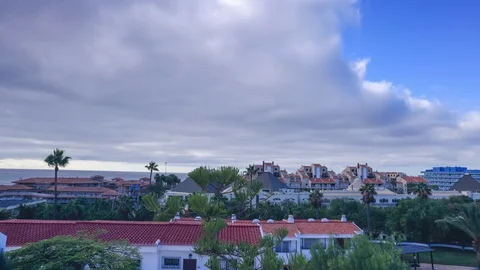 Static Timelapse with moving clouds and town in Tenerife Stock Footage