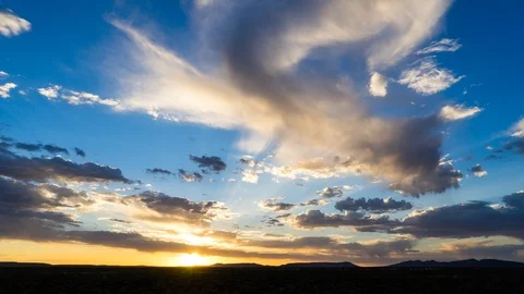 A static timelapse at sunset with a dramatic cloudy sky and contrasty blue and Stock-Footage 143639201
