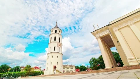 Static timelapse view Bell tower in Cathedral square in capital Vilnius, Lith Stock Footage 156867647