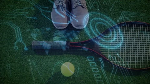 Static top-down view initiating circuit overlay mapping tennis gear on grass Stock Footage 311085459
