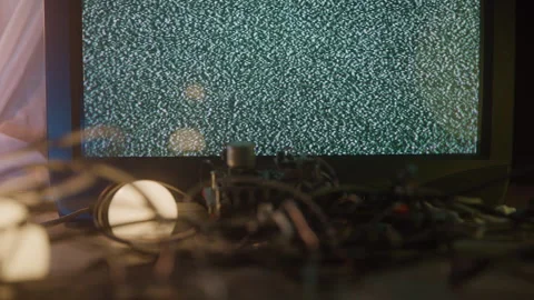 Static Tv with Cords Tangled on Floor with Small Dome Lights Stock Footage 270386295