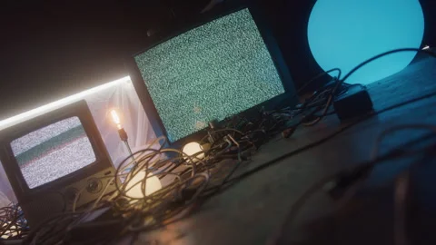 Static Tv Screens with Cords Tangled on Floor with Colorful Dome Lights Flashing Stock Footage 270386310