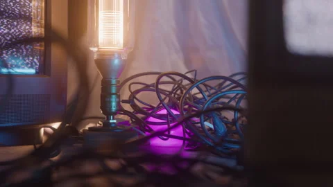 Static Tv Screens with Cords Tangled on Floor and Dome Light Changing Colors Stock Footage 270388495