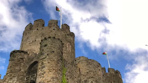Static - Two Welsh Flags Flying Atop Castle Turrets Stock Footage 197552941