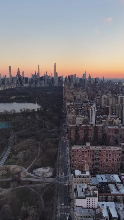Static Vertical Aerial of Central Park and Manhattan Skyline at Dusk Vídeo Stock 344589918