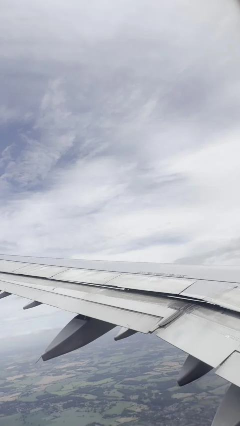 Static vertical shot of an airplane wing with cirrus clouds over green land Stock Footage 336512154