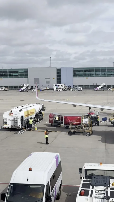 Static vertical shot of an airport worker loading baggage onto a plane conveyor Stock Footage 336494485