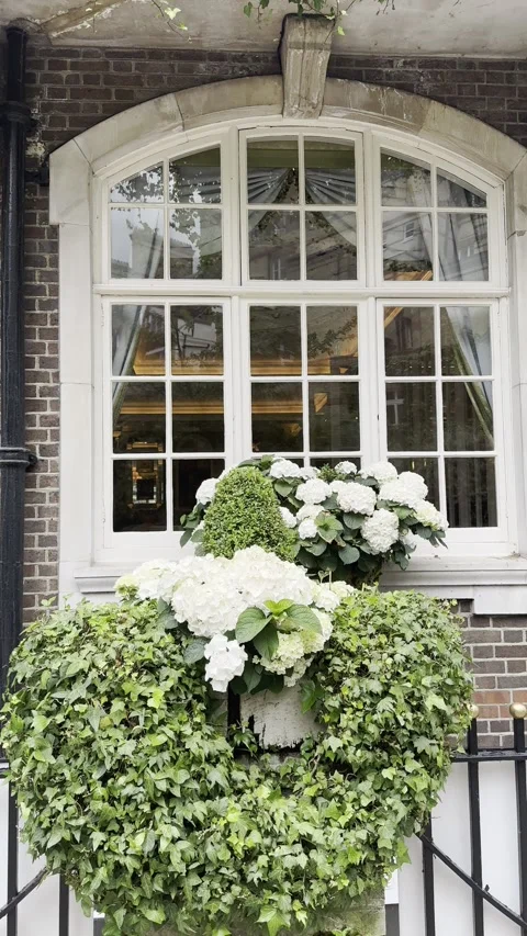 Static vertical shot of classic arched window with white flowers and green bush Stock Footage 336680204