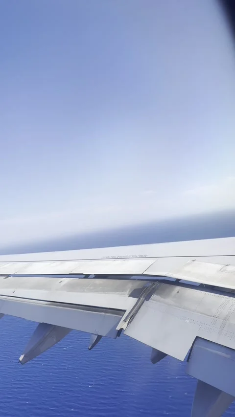 Static vertical shot of a commercial plane wing flying over deep blue sea Stock Footage 336506649