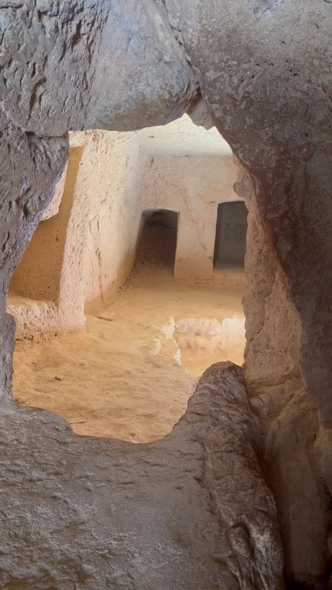 Static vertical shot looking through a rock cave opening into ancient ruins Stock Footage 336334045