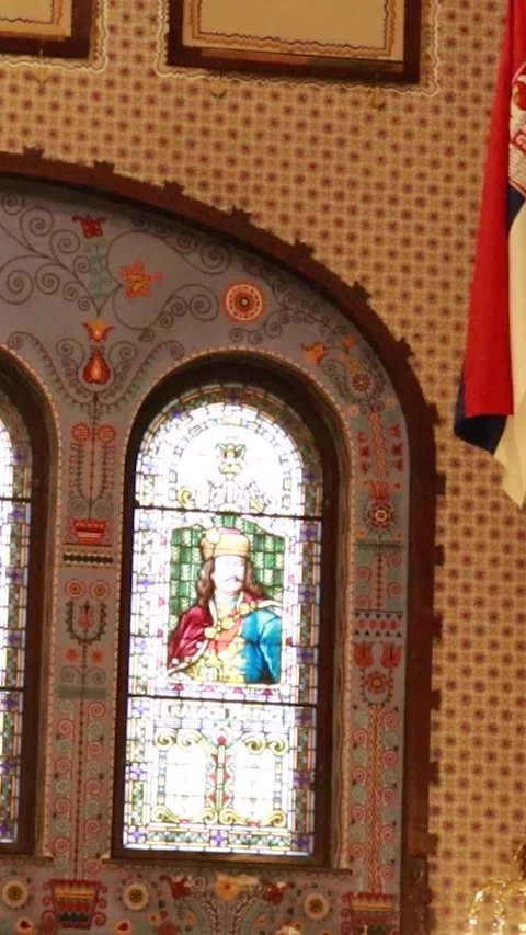 Static Vertical Shot of Ornate Stained Glass Window in Synagogue Video stock 330368591
