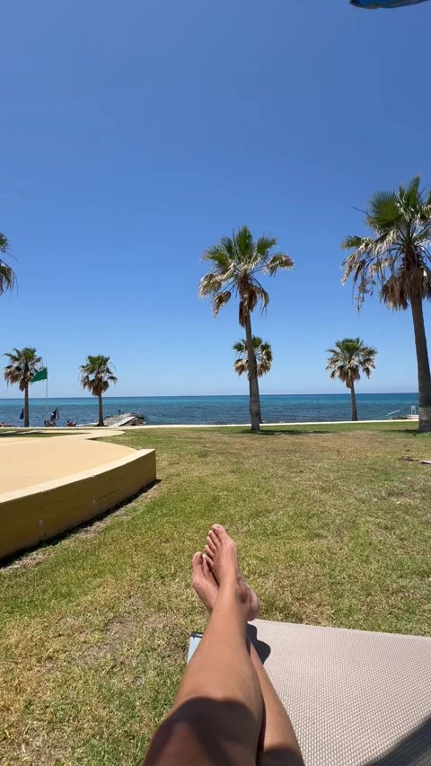 Static vertical shot of personal perspective relaxing on sunbed under palm trees Stock Footage 336320521