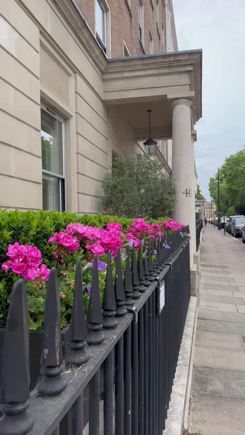 Static vertical shot of pink flowers behind a black metal fence in belgravia Stock Footage 337366184