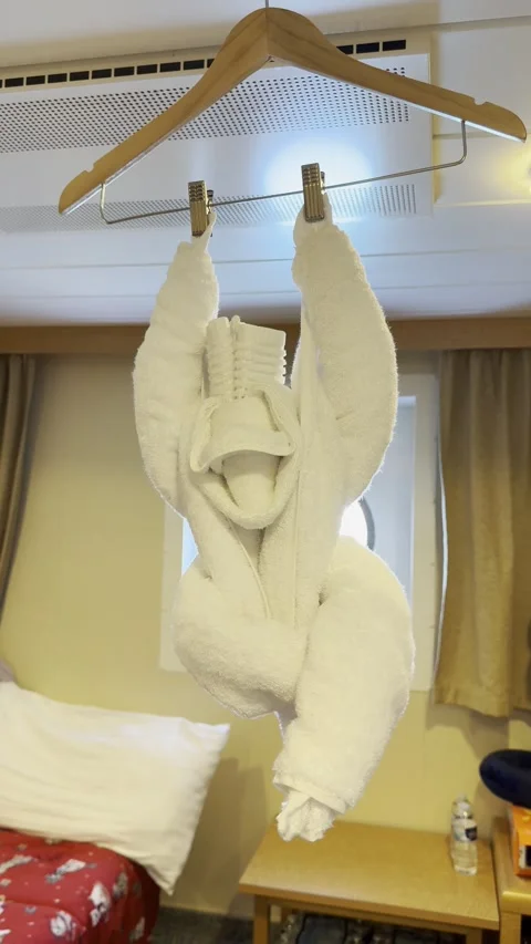 Static vertical shot of towel animal monkey hanging and swaying inside cruise sh Stock Footage 336716695