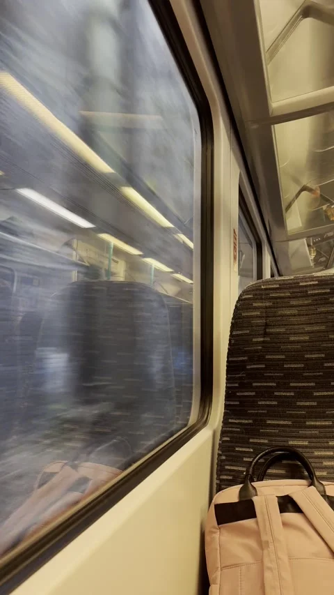 Static vertical shot of a train entering a dark tunnel with a pink backpack Stock Footage 336494012