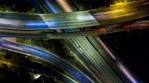 Static vertical top down aerial view of traffic on freeway interchange at night Stock Footage 70610536