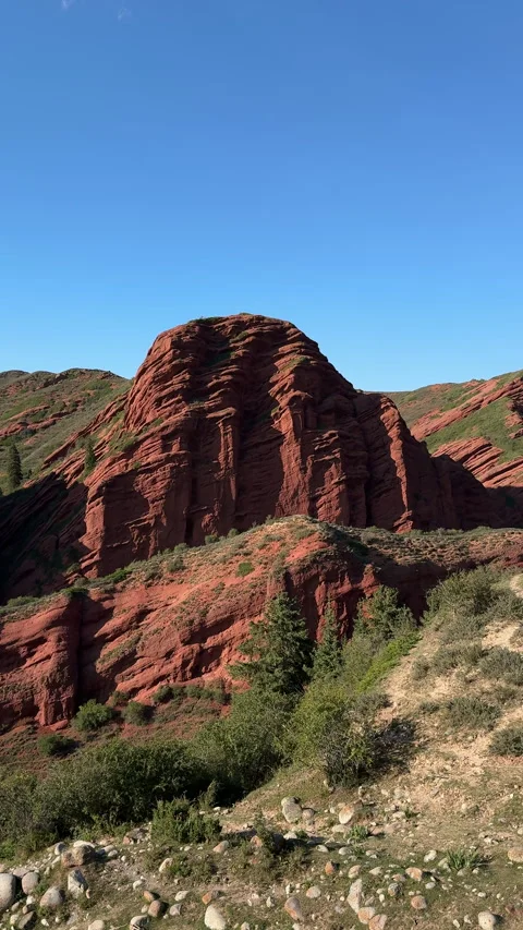 Static vertical view of red rock formations in Jeti-Oguz, 4K Stock Footage 342030099
