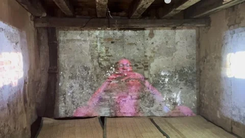 Static video of a projected artwork inside the Cameroon Pavilion at the Venice Video stock 339140759