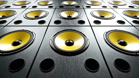 Static view of audio speakers with yellow membrane stacked in rows playing music Stock Footage 122064902