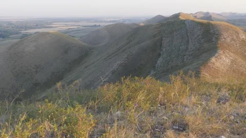 Static view to bald steppe mountains. Orenberg, South Ural Video stock 155994313