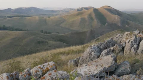 Static view to bald steppe mountains. Orenberg, South Ural Video stock 155999558
