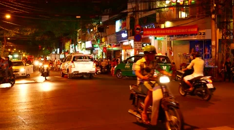 Static view of the busy night life in the Ho Chi Minh City Stock Footage 64090764