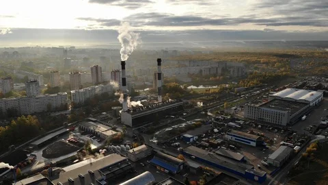 Static view  Dormitory area with  thermal power station in autumn Stock Footage 117802330