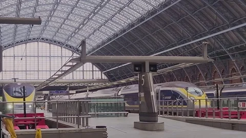 Static view Eurostar arrives St Pancras Eurostar international station, London Stock Footage 314974183