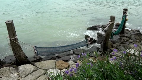 Static view of hammock is a sling made of fabric rope or netting 4k Stock Footage 276537258