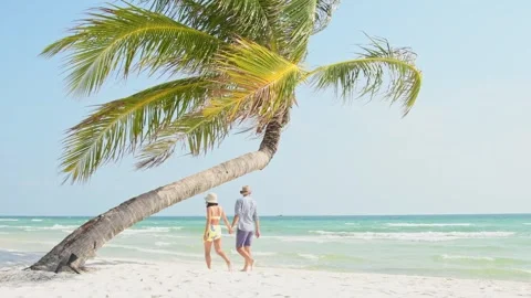 Static view happy romantic couple enjoying relaxing walk on sunny sandy bea.. Stock Footage 285157847