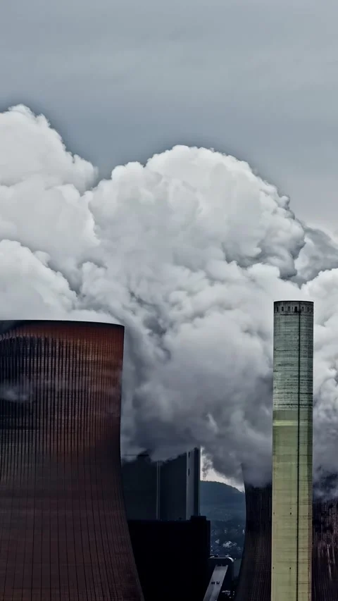 Static View Heavy Industrial Smoke Emissions Power Plant Cooling Towers Vertical Stock-Footage 344518778