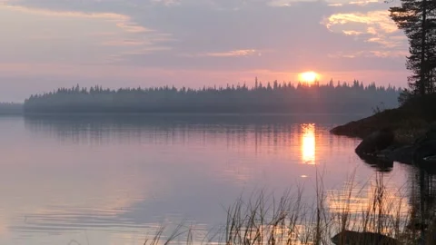 Static view to Karelia lake with forest islands. Sunset Stock Footage 146322670