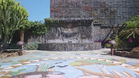 Static View of Lizard Mosaic Floor and Lava Stone Wall Fountain Stock Footage 343507960
