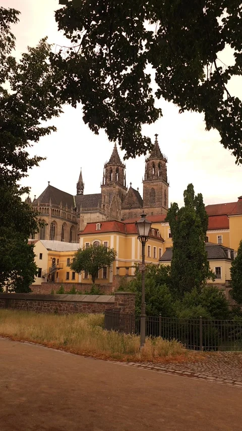 Static View of Magdeburg Cathedral Through Trees in Germany Stock Footage 340502936