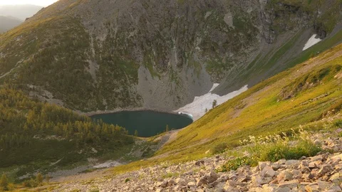 Static view to mountain lake with glacier. Altai Video stock 103376009
