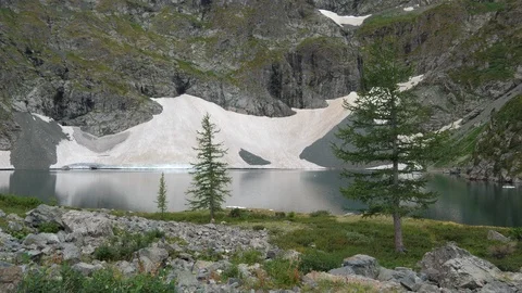 Static view to mountain lake with glacier. Altai Video stock 103378156