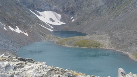 Static view to mountain lakes with glacier. Uch-Enmek, Altai Video stock 103384483