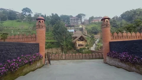 Static view of outdoor entrance gate and mountain nature landscape Video stock 345649760