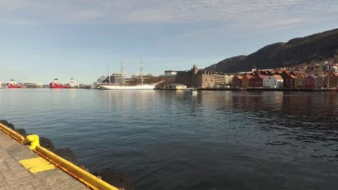 A Static View over Bergen's Historical Harbour aand part of Bryggen Stock Footage 90006156