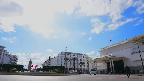 Static View of Rabat Ville Train Station and Historic Minaret Silhouette Stock Footage 331052702