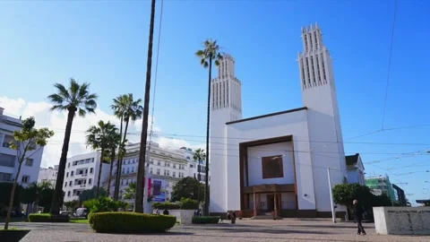 Static View of Saint-Pierre Cathedral and Modern City Transit in Rabat, Morocco Видео 331052402
