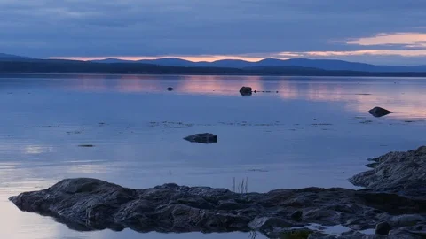 Static view to sea shore, mountains and islands.  Kandalaksha gulf, White Sea. Video stock 84076893