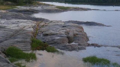 Static view to sea shore, pine forest and island.  Kandalaksha gulf, White Sea. 動画素材 84077149