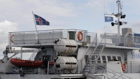 Static view of ship at port flying Icelandic flag Stock Footage 103682292