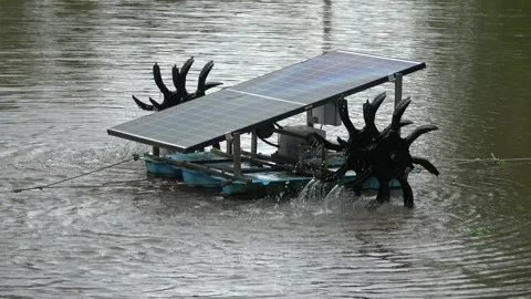 Static view of solar panels powering two water wheels 4k Stock Footage 254858444