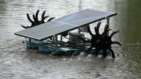Static view of solar panels powering two water-wheels to pump water away 4k Stock Footage 273032960