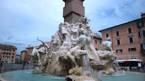 Static view of the statue of the Danube on the Fountain of the Four Rivers, Rome Video stock 153500959